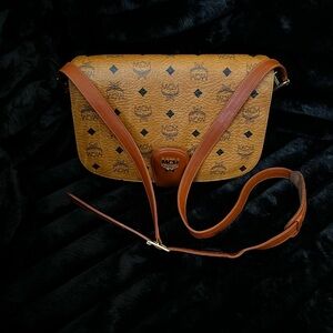 MCM Tan Crossbody Bag with Logo Pattern